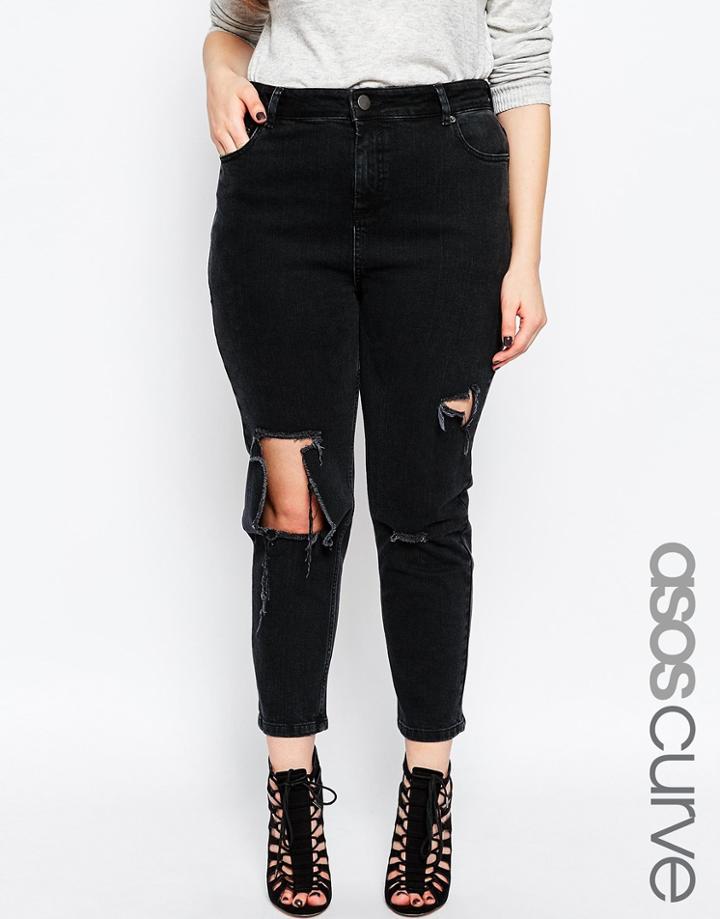 Asos Curve Thea Girlfriend Jean In Washed Black With Madness Rips - Washed Black