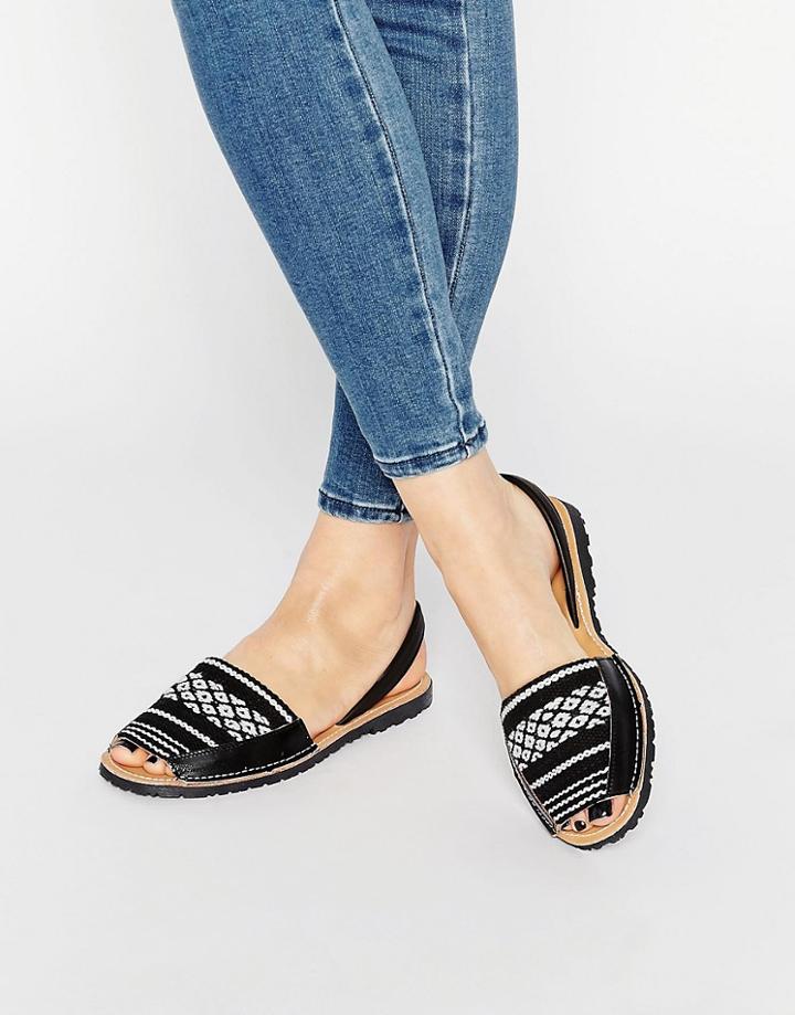 Park Lane Geo-tribal Leather Sling Flat Sandals - Black