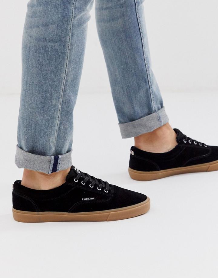 Jack & Jones Suede Plimsolls With Gum Sole In Black - Black