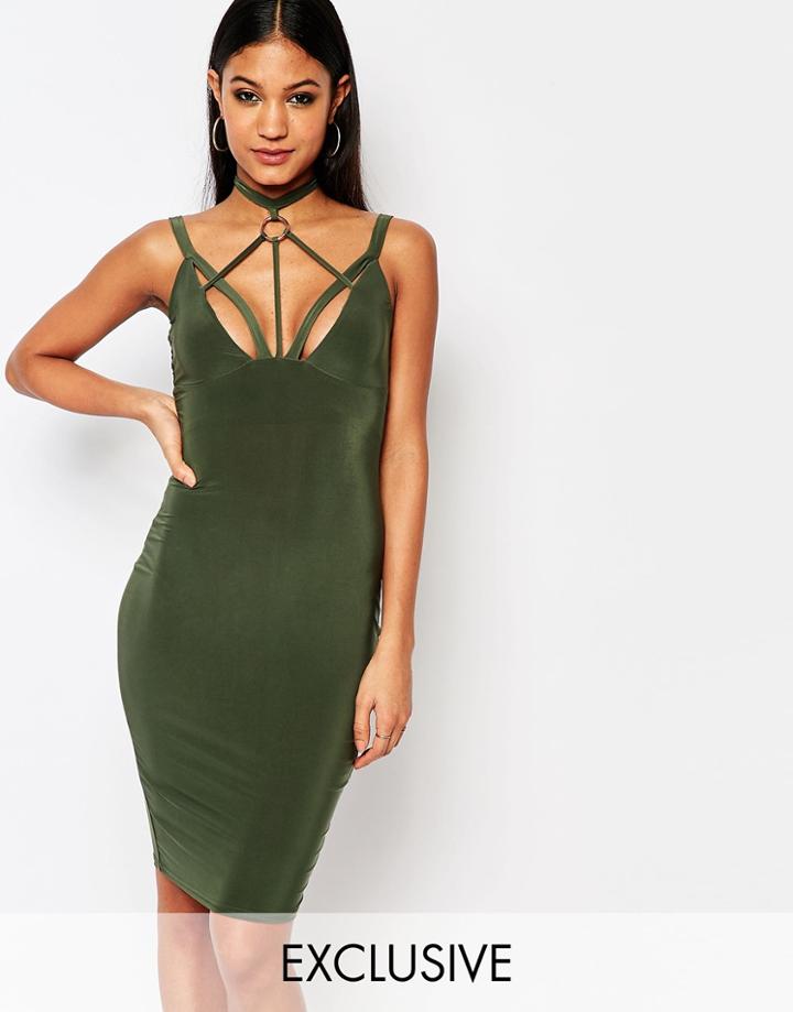 Club L Cross Front Harness Detail Midi Dress - Khaki