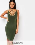 Club L Cross Front Harness Detail Midi Dress - Khaki