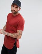 Asos Longline T-shirt With Curve Hem And Gusset Contrast In Red - Multi