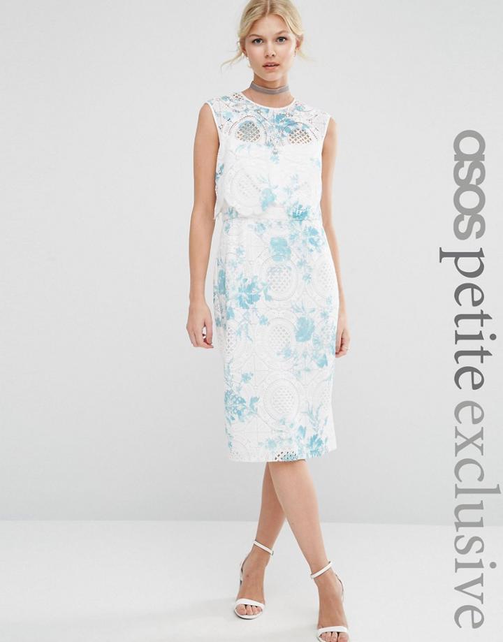 Asos Petite Salon Crop Top Lace Pencil Dress With Blue Floral Print - White