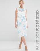 Asos Petite Salon Crop Top Lace Pencil Dress With Blue Floral Print - White