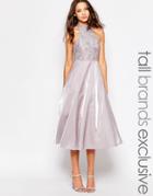 True Decadence Tall High Neck Lace Top Prom Dress - Gray