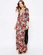 First & I 70s Paisley Kimono Sleeve Plunge Maxi Dress - Print