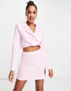Asos Design Jersey Suit Mini Skirt With Split Detail In Pink Houndstooth-multi