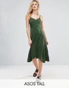 Asos Tall Midi Button Through Sun Dress With Dipped Hem - Green