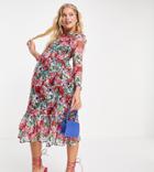 Little Mistress Maternity Long Sleeve Frill Detail Skater Midi Dress In Rose Floral-multi