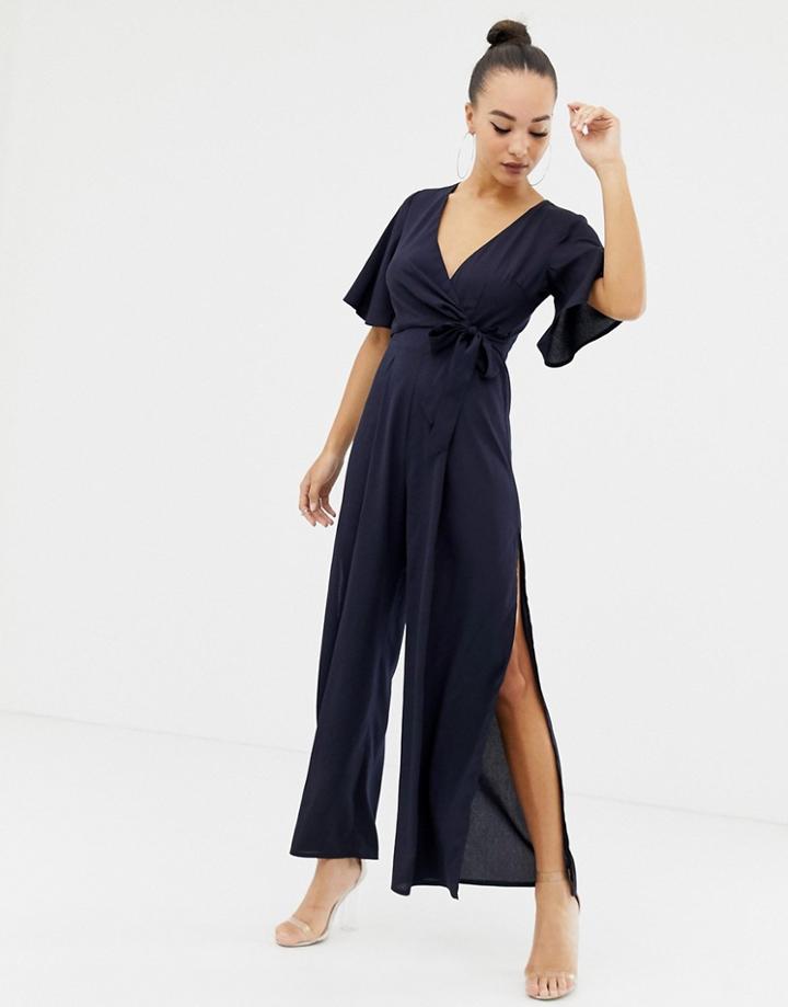 Parallel Lines Wrap Front Wide Leg Jumpsuit-navy