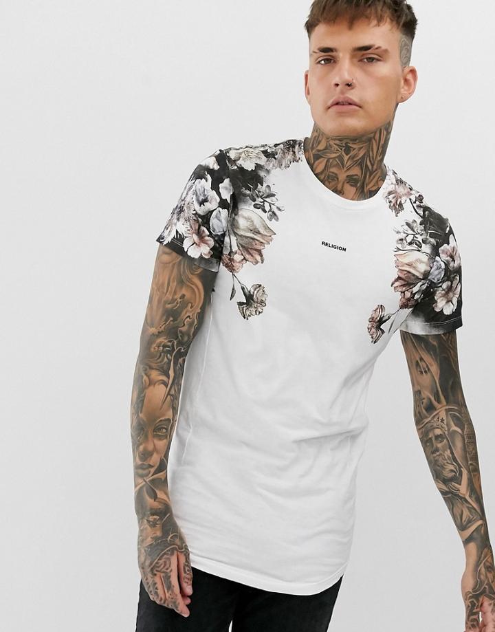 Religion Curved Hem T-shirt With Floral Print In White