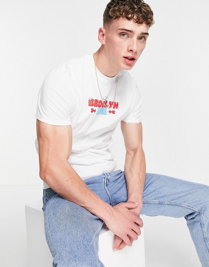 Asos Design T-shirt In White Organic Cotton With Brooklyn City Print