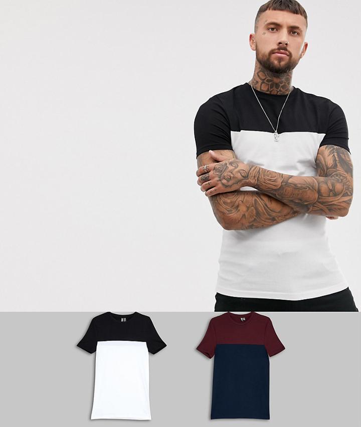 Asos Design Muscle Fit T-shirt With Contrast Yoke 2 Pack Save - Multi