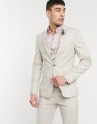 Asos Design Wedding Skinny Suit Jacket In Stretch Cotton Linen In Stone-neutral