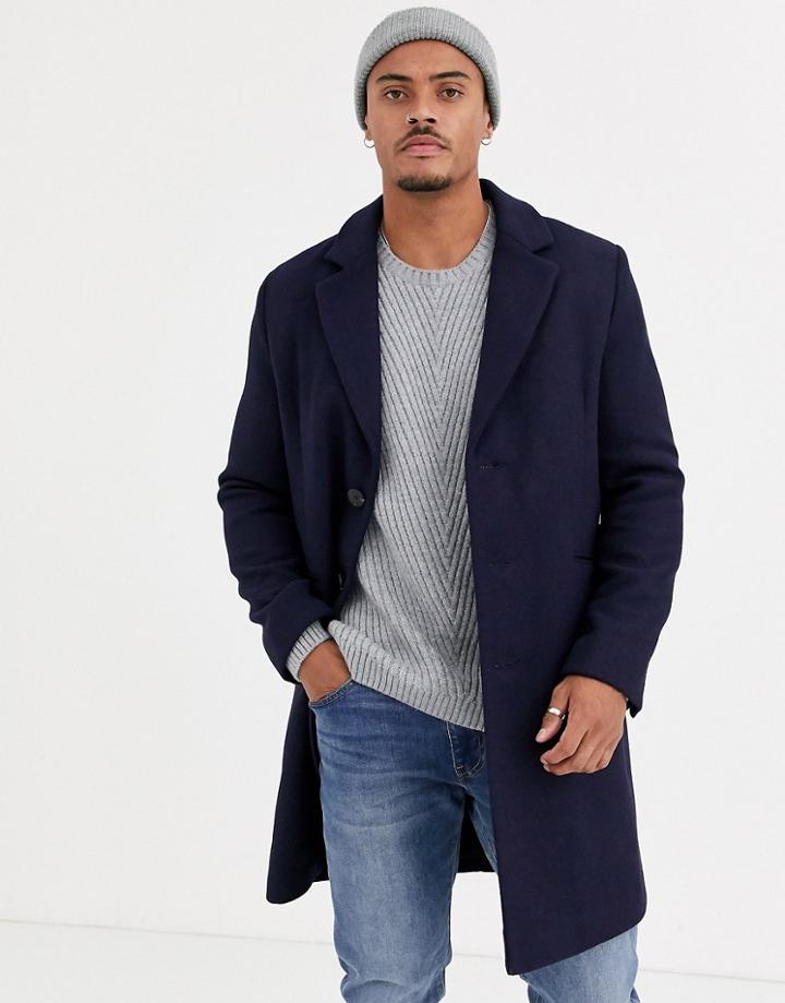 Asos Design Wool Mix Overcoat In Navy