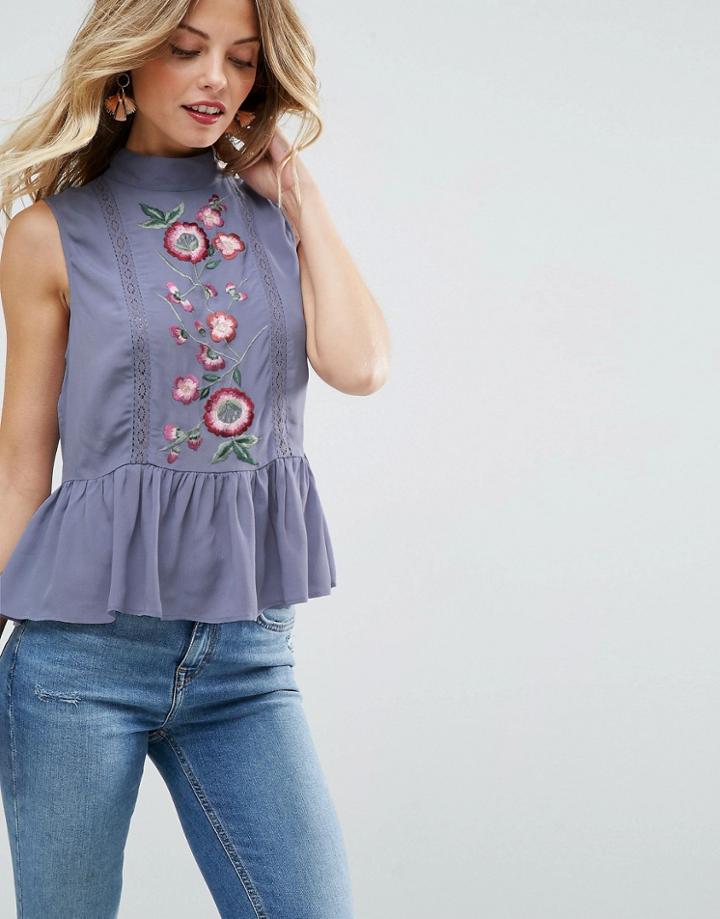 Asos Sleeveless Blouse With Embroidery - Blue