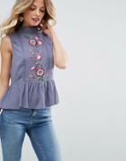 Asos Sleeveless Blouse With Embroidery - Blue