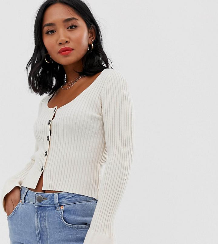 Asos Design Petite Scoop Neck Cardigan In Skinny Rib With Buttons-cream