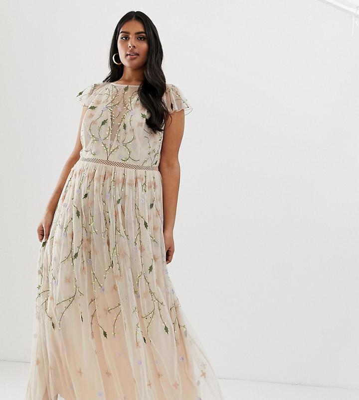 Asos Design Curve Pretty Embroidered Floral And Sequin Mesh Maxi Dress-multi