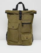 Asos Backpack With Roll Top In Washed Khaki And Multi Pocket Detail - Green