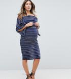 Gebe Maternity Bardot Off Shoulder Midi Bodycon Dress In Stripe-multi
