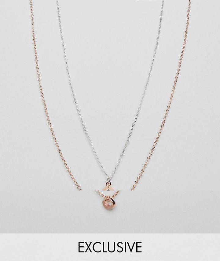 Icon Brand Diamond & Loop Pendant Necklace In Antique Silver & Rose Gold In 2 Pack Exclusive To Asos - Silver