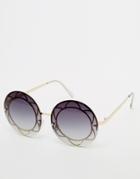 Asos Oversized Round Sunglasses With Flower Inset Metal - Gold