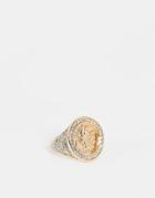 Asos Design Sovereign Ring With Horse Design And Diamante Edging In Mixed Metal-gold
