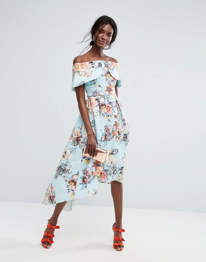 Asos Bright Floral Deep Fold Dip Back Debutante Dress - Multi
