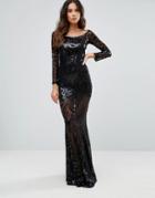 Club L Bardot Patterned Detail Sequin Maxi Dress - Black