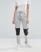 Waven Elsa Knee Patch Acid Wash Mom Jeans - Gray