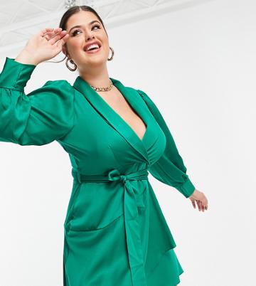 Closet London Plus Wrap Tie Mini Dress In Emerald Green