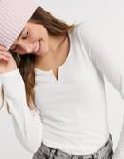 Brave Soul Nalia Notch Neck Long Sleeve Top In Rib-white