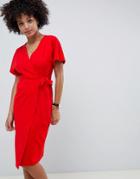 Asos Design Wrap Midi Batwing Dress - Red