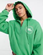 Asos Design Cropped Oversized Half Zip Hoodie In Green With Logo Chest Print
