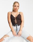 Asos Design Cami With Lattice Front In Chocolate-brown