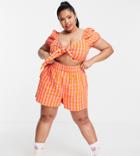 Collusion Plus Exclusive Color Tie Front Gingham Coordinating Crop Top In Pink And Orange
