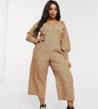 Asos Design Curve Square Neck Puff Sleeve Jumpsuit In Micro Leopard Print-multi