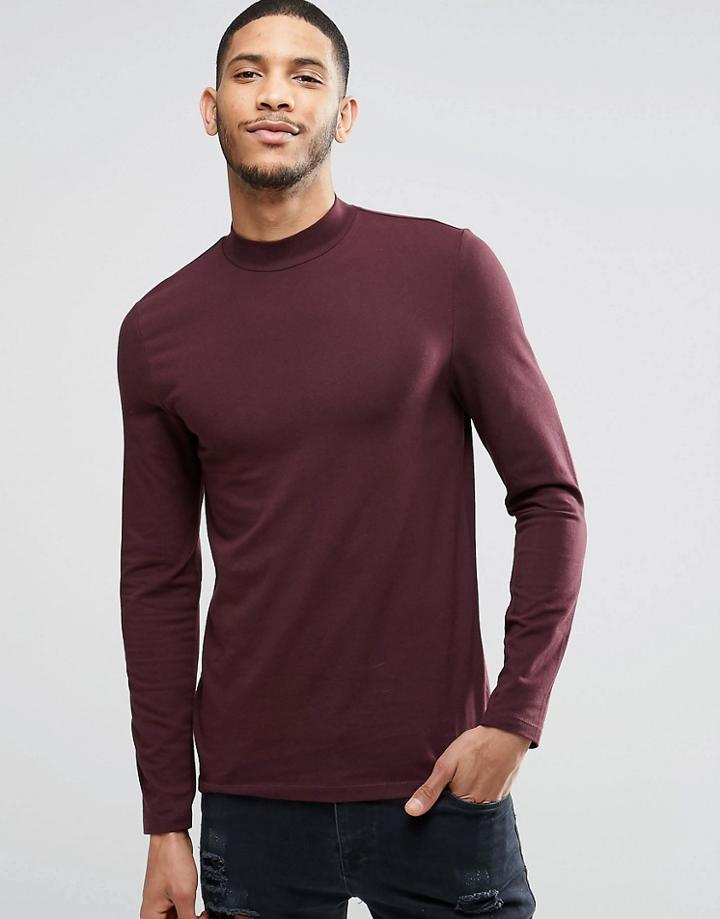 Asos Muscle Long Sleeve T-shirt With Turtle Neck In Oxblood - Red