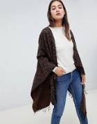 Brave Soul Leo Leopard Print Fringed Cape - Brown
