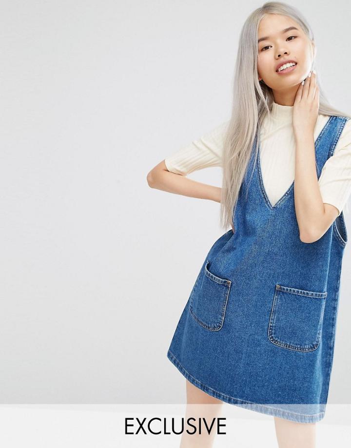 Monki Exclusive Denim Pinny Dress - Blue