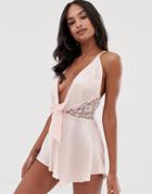 Asos Design Satin Bow Front Romper With Lace - Pink