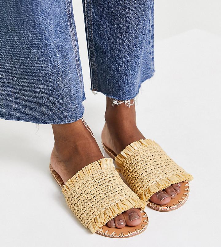 Asos Design Wide Fit Features Woven Raffia Mules In Beige-neutral
