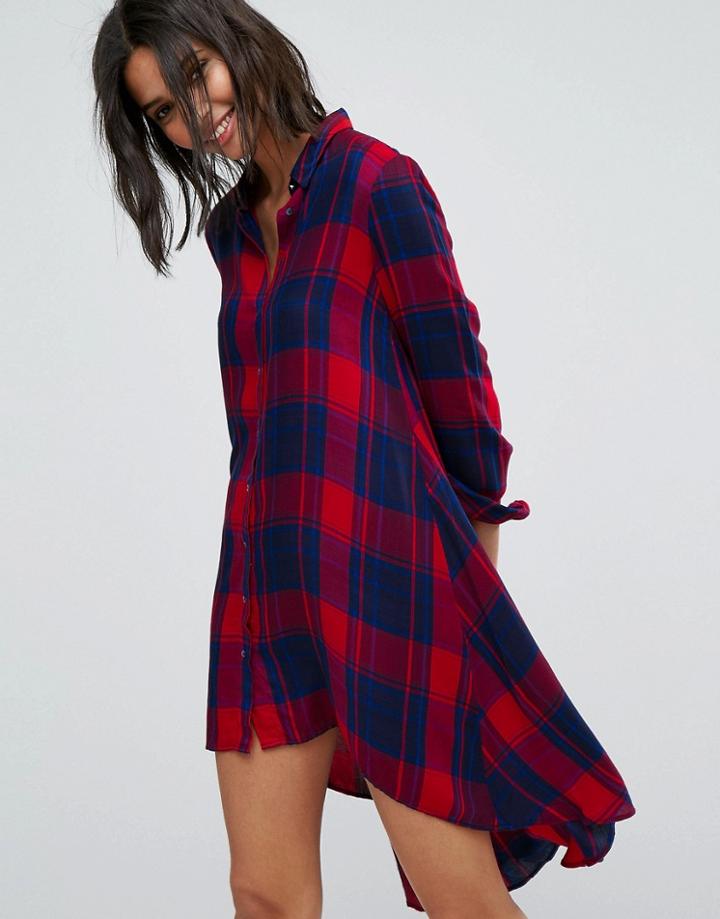 Stradivarius Check Midi Shirt Dress - Red