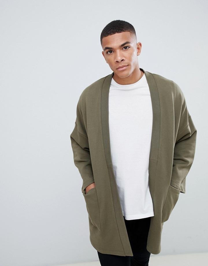 Asos Design Jersey Kimono Cardigan In Khaki - Green
