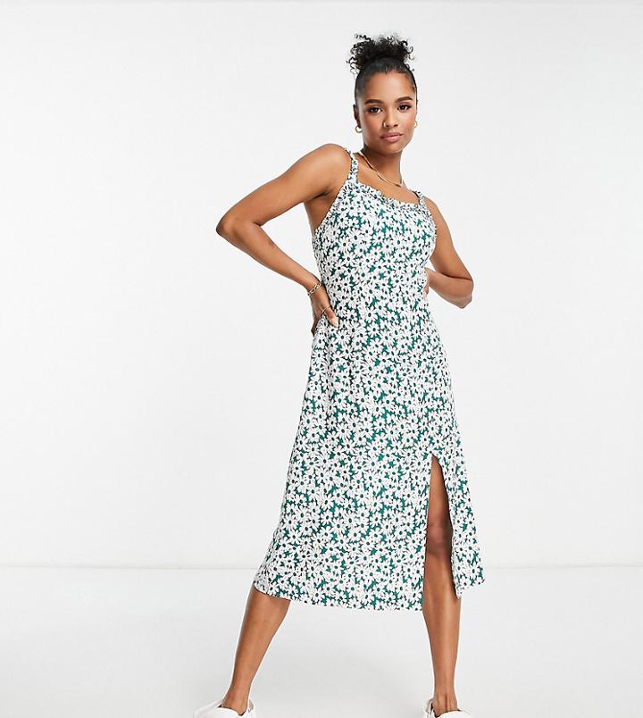 Lola May Petite Frill Strap Midi Dress In Green Floral Print