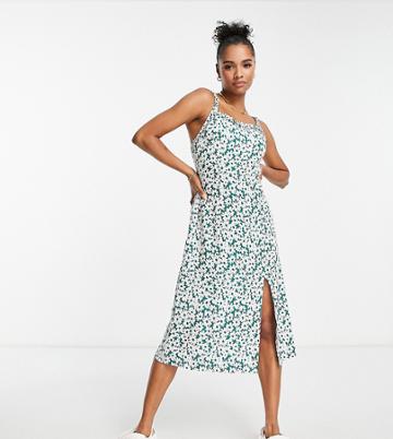Lola May Petite Frill Strap Midi Dress In Green Floral Print