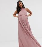 Asos Design Maternity Halter Pleated Waisted Maxi Dress-pink