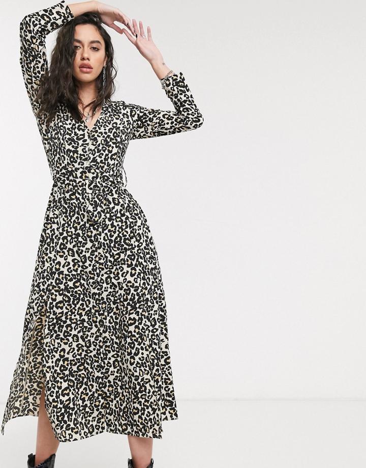 Asos Design Midi Shirt Dress With Buckle Belt In Leopard Print-multi