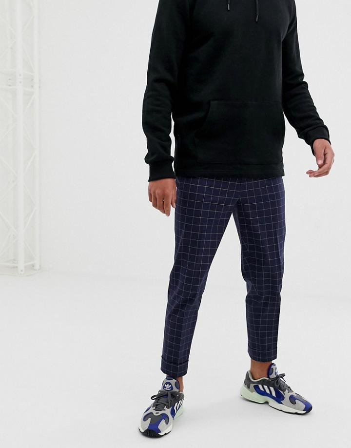 Asos Design Tapered Smart Pants In Navy And White Windowpane Check - Navy